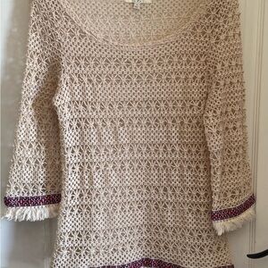 W Sz. S Umgee Open Weave Crochet 3/4 Fringe Sleeve Tunic Boho Hippie Festival